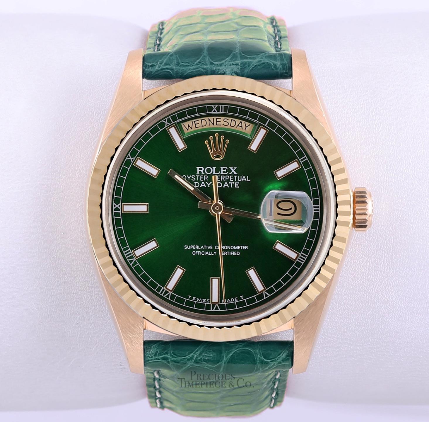 Rolex Day-Date 36mm President 18k Gold 18038-Green Stick Dial-Green Leather Band