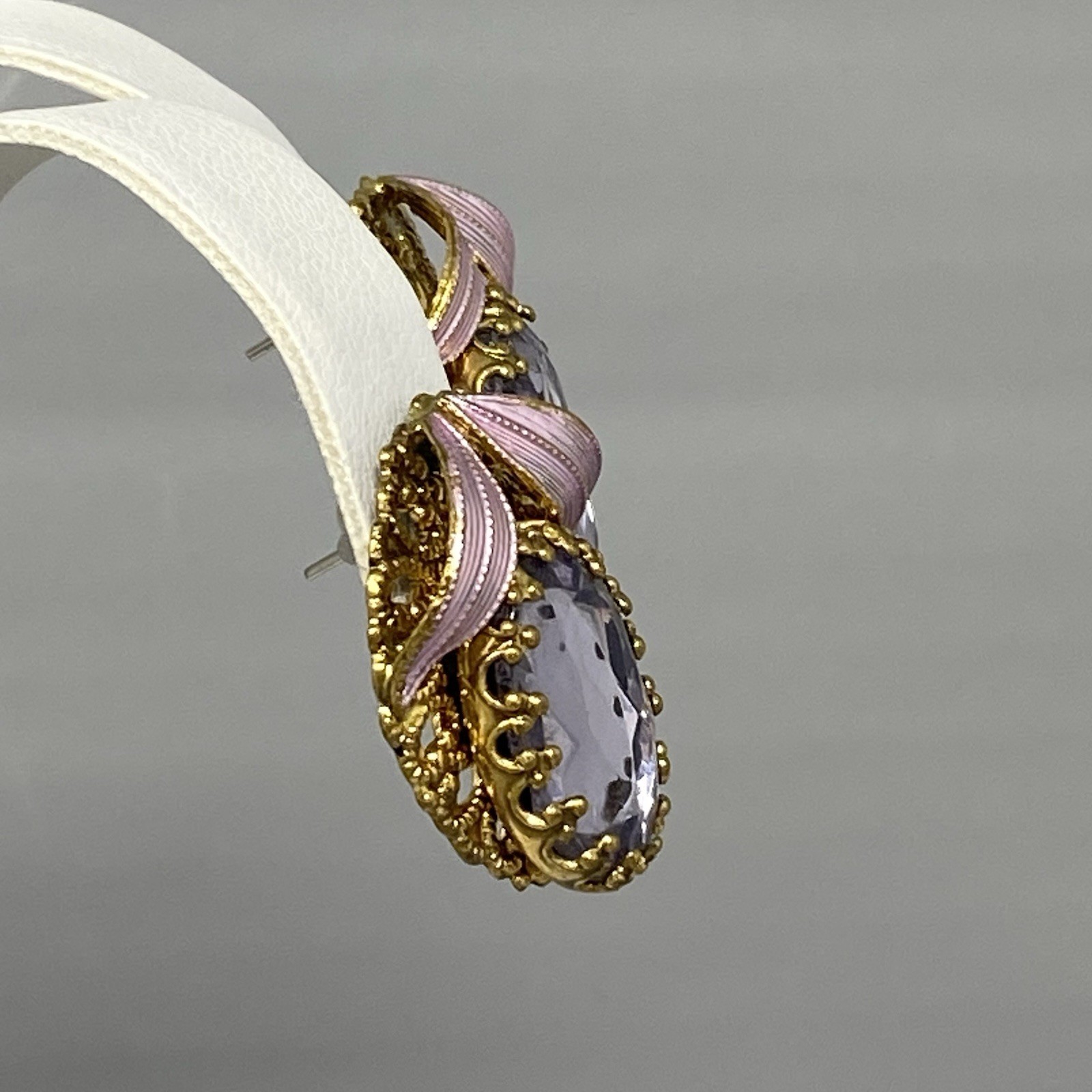 Purple Glass Rhinestone Earrings Pierced Enamel Silk Ribbon W Germany Style 1″