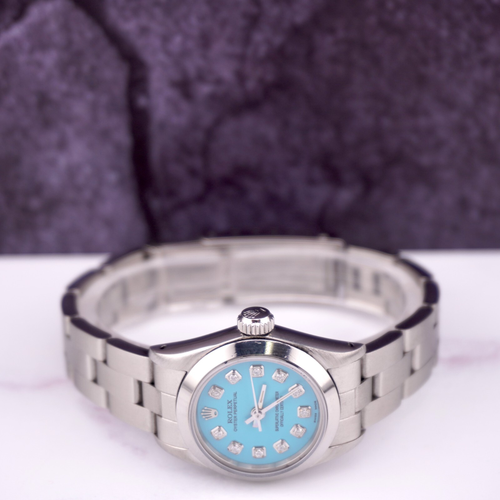 Rolex Oyster Perpetual 25mm Steel Baby Blue Diamond Smooth Oyster Ladies Watch