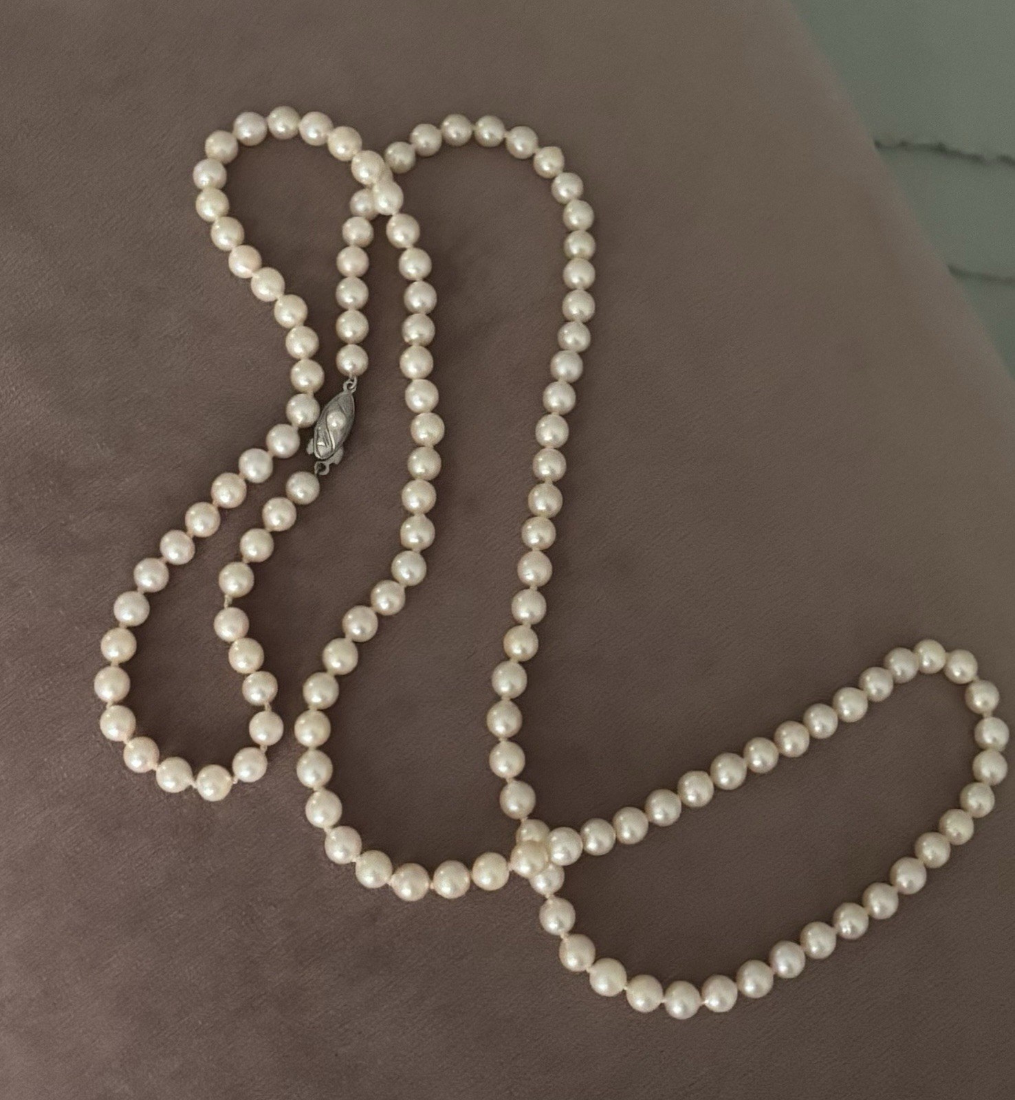Vintage Akoya Pearl Necklace Silver Clasp 6mm 35” Opera Length Creamy Hue