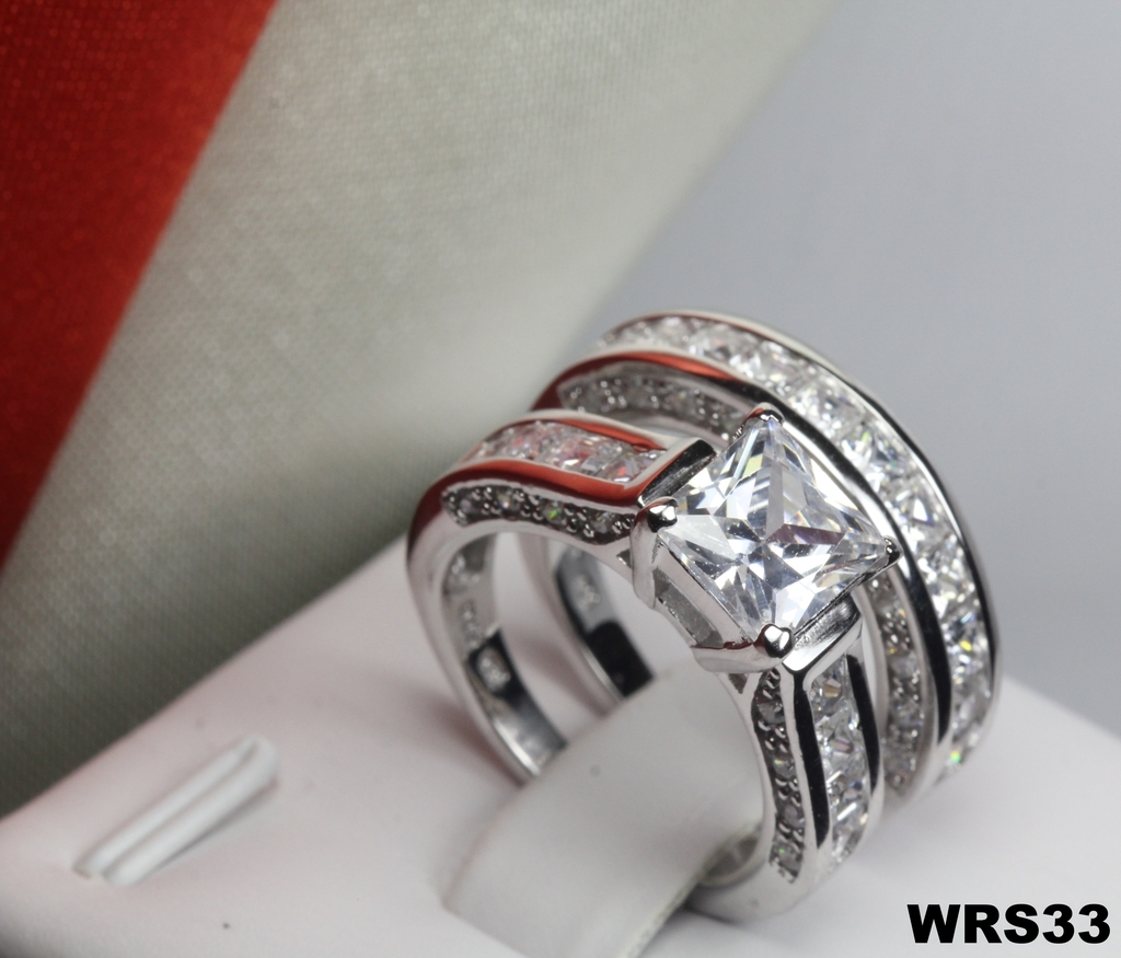 STERLING SILVER PRINCESS CZ VTG PAVE BRIDAL ENGAGEMENT WEDDING HALO RING SET 33C