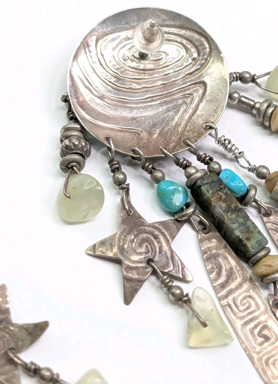 Vintage Tabra Moon Face Dangle Earrings Celestial Charms Sterling Silver 3.75 In