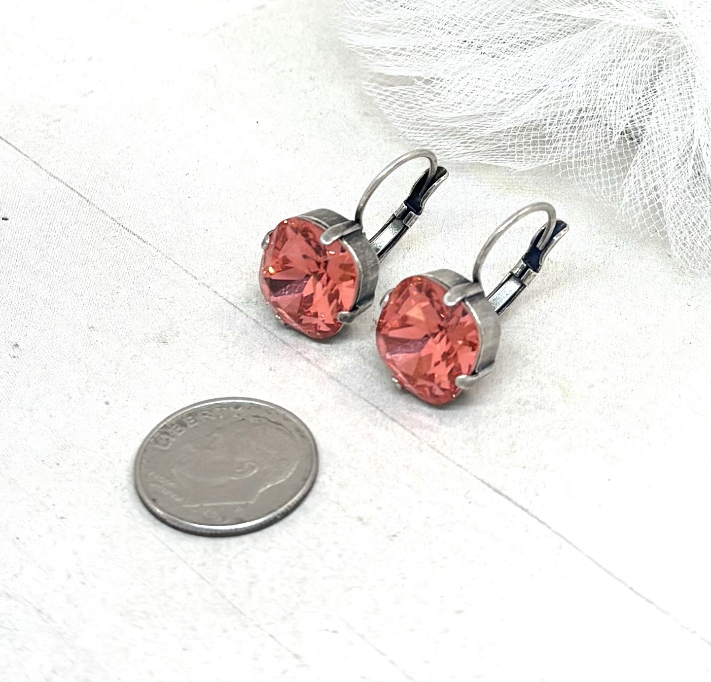 12mm Silver Plated Padparadasha Crystal Square Cup Chain Earrings