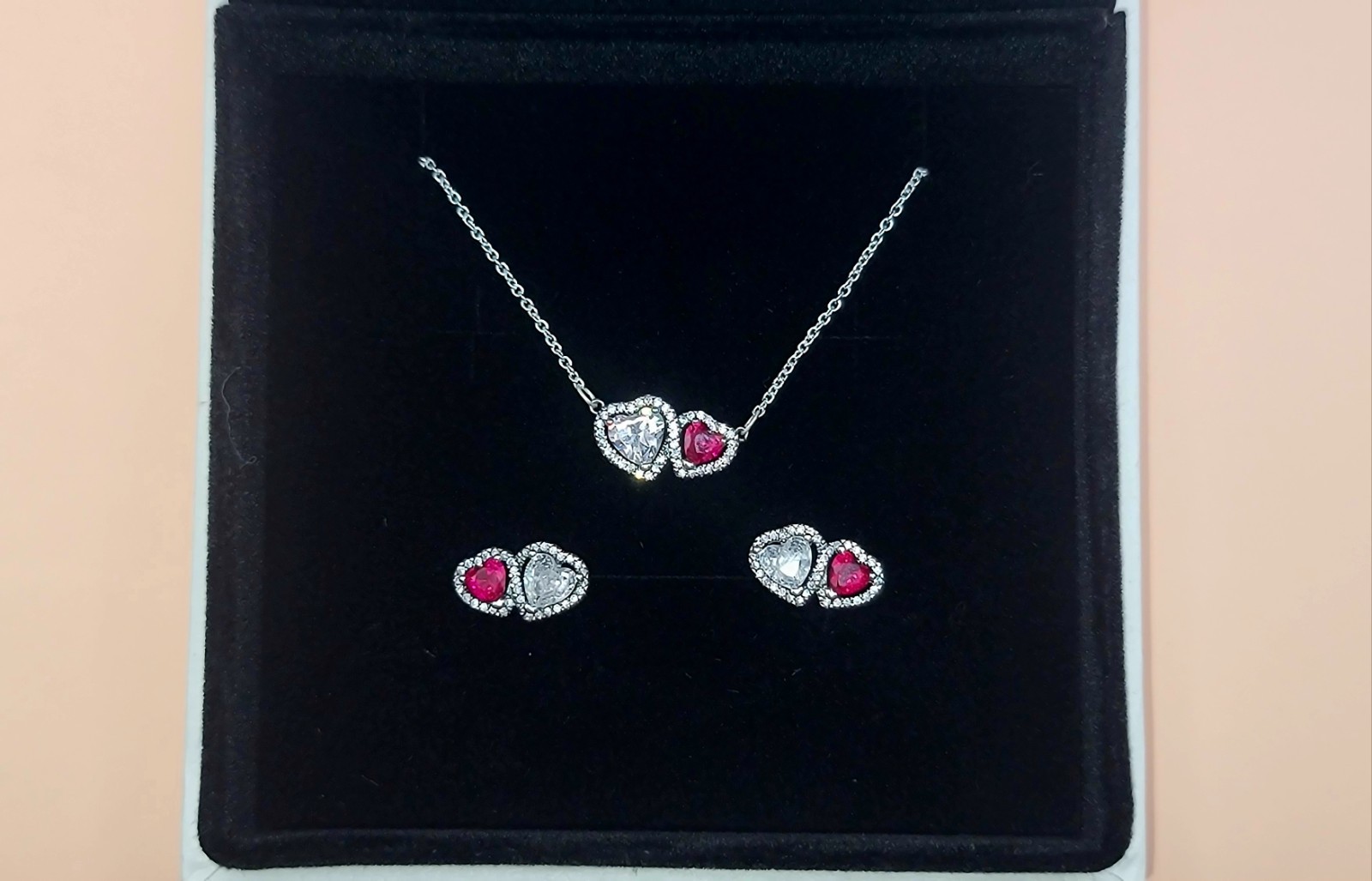 NEW PANDORA Red White Halo Heart Stud & Necklace Gift Set 293633C01 393632C01