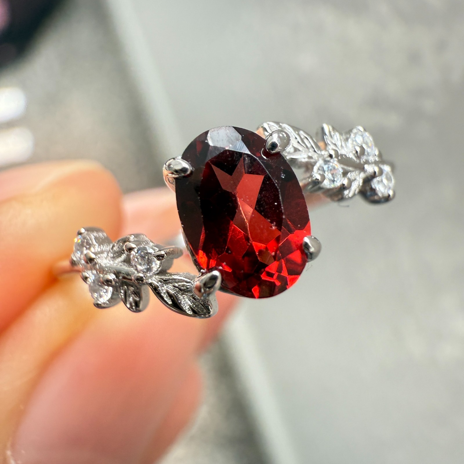 925 Sterling Silver Ring 7x5mm Natural Rhodolite Garnet Gemstone Zircon Flower