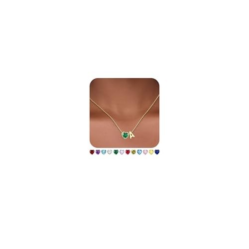 Heart Birthstone Initial Necklace – 14K Gold Plated A-Z Jewelry Gift for Women &