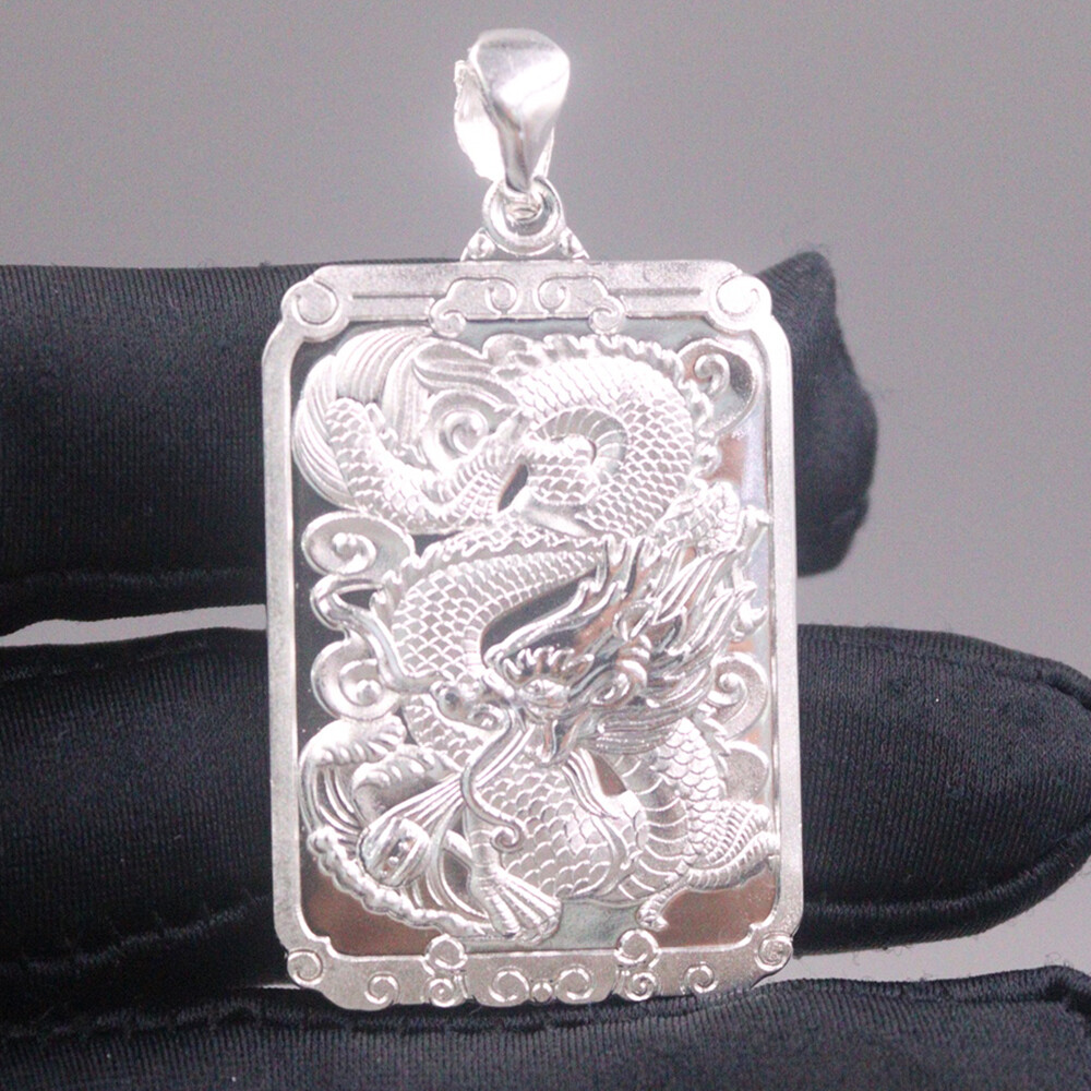 Pure 999 Fine Silver Pendant Women Men Rectangle Big Dragon Pendant 2inch H