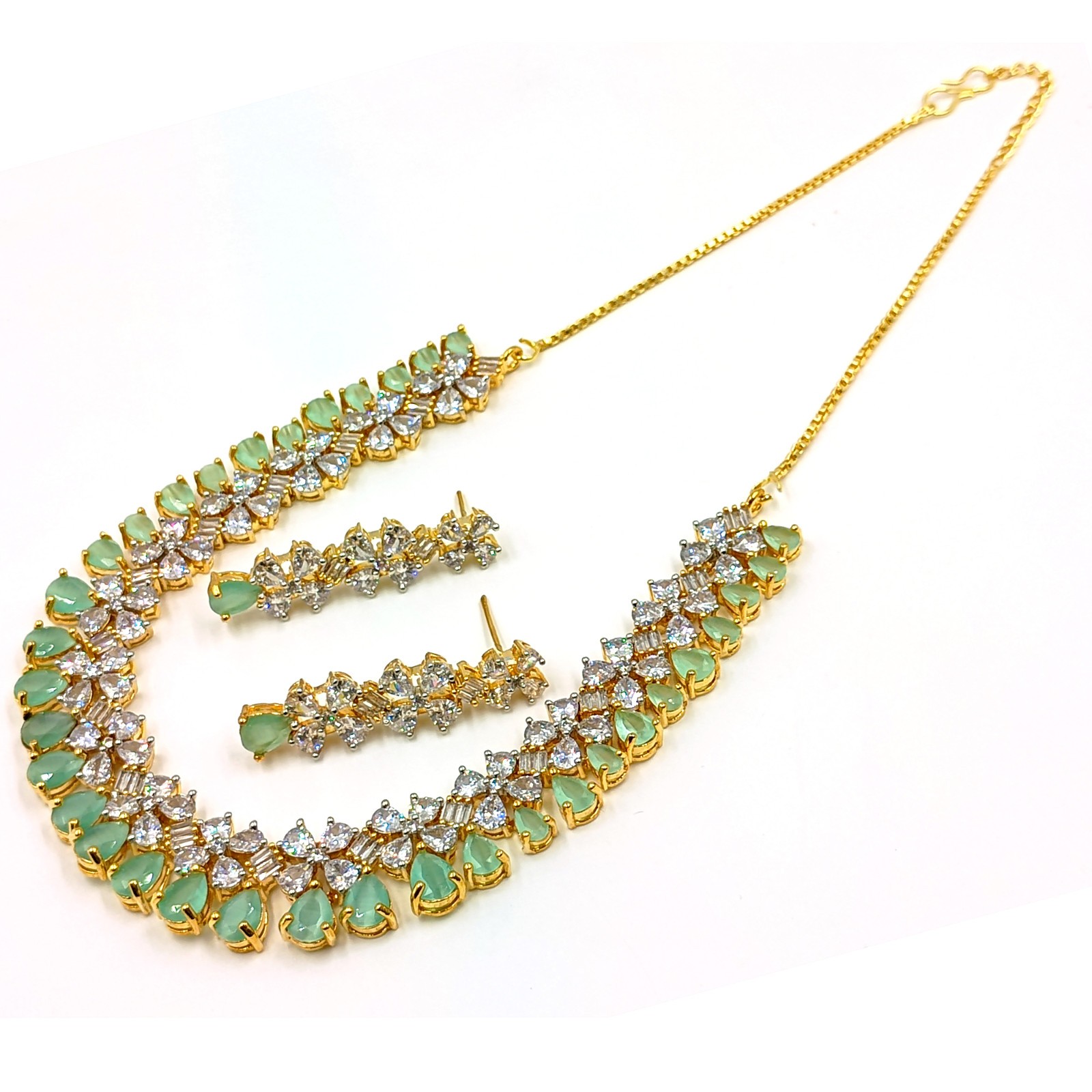 Designer Chalcedony CZ Diamond Gold Plated Necklace Set Bridal Jewelry For Women