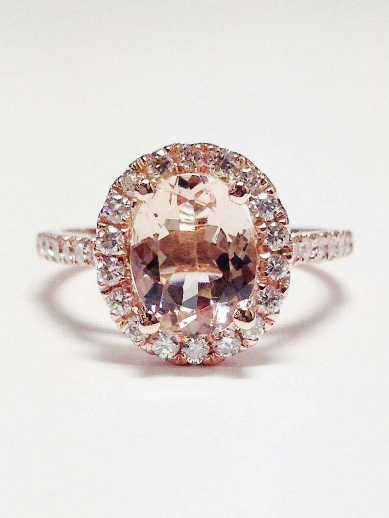 2Ct Oval Cut Morganite Diamond Halo Engagement Wedding Ring 14K Rose Gold Finis