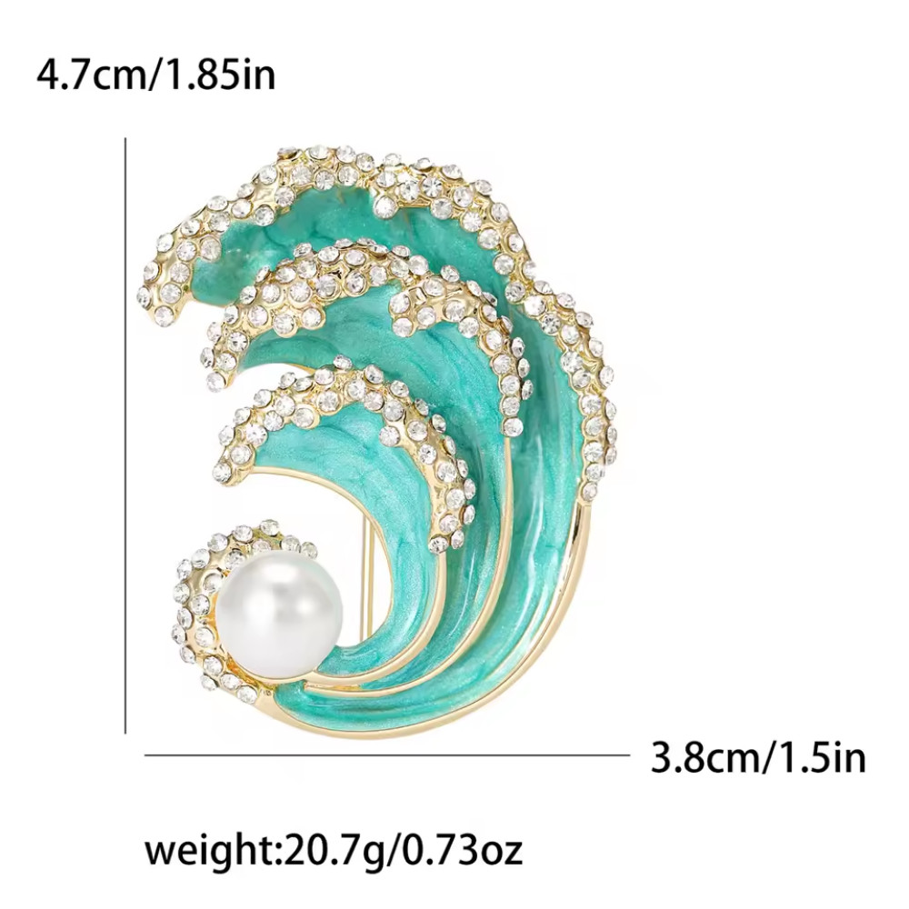 Gold Tone Ocean Wave Brooch – Pearl Rhinestone Nautical Pin, Summer Jewelry Gift
