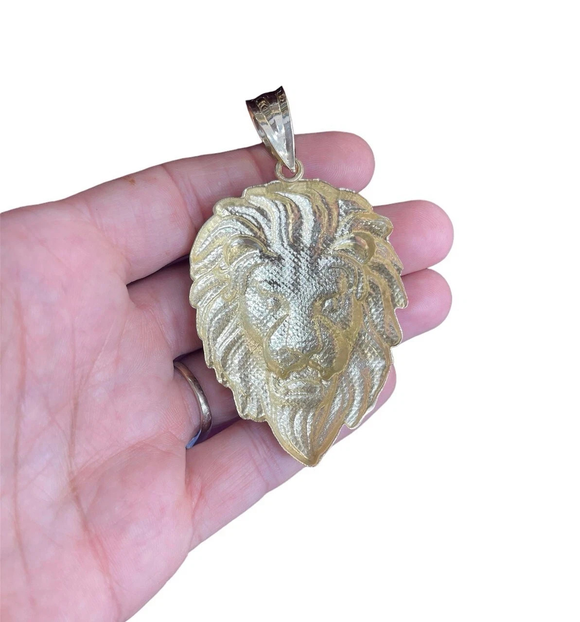 Real 10k Yellow Gold Charm Lion Head Pendant Diamond Cut 1.75″ Mens Stamp 10kt