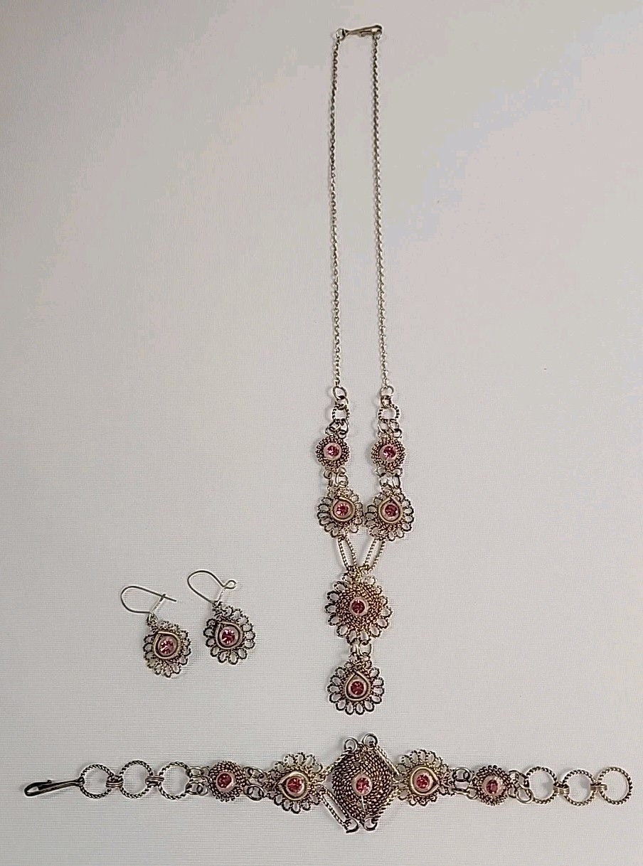 VTG 1930’s Art Deco Silver Wire Open Work Acrylic Stone Necklace Bracelet Ear…