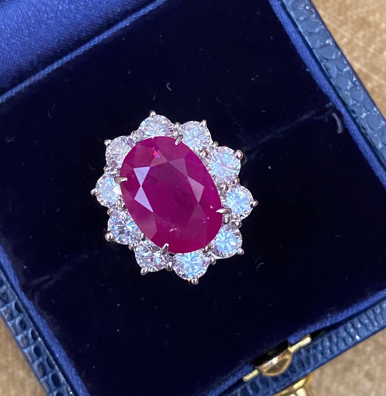 GIA Burma Heated Ruby 7.71 ct Oval in Diamond Platinum Ring – HM2421VN