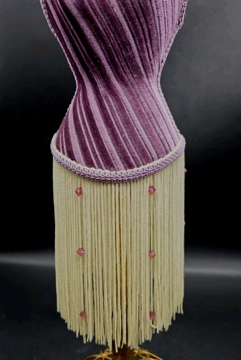 Vntg Flapper Style Table Top Bust Form Purple Velvet Fringe Mannequin 18¼”