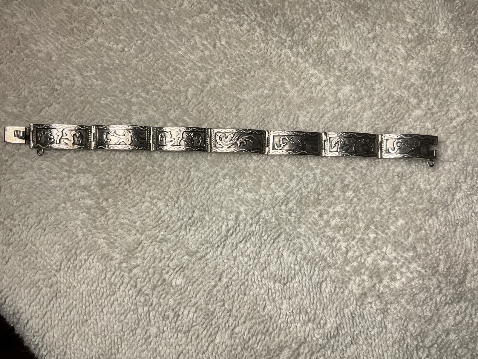 Vintage Chinese Export .900 Silver 7 Panel Bracelet Phoenix Archaistic Design