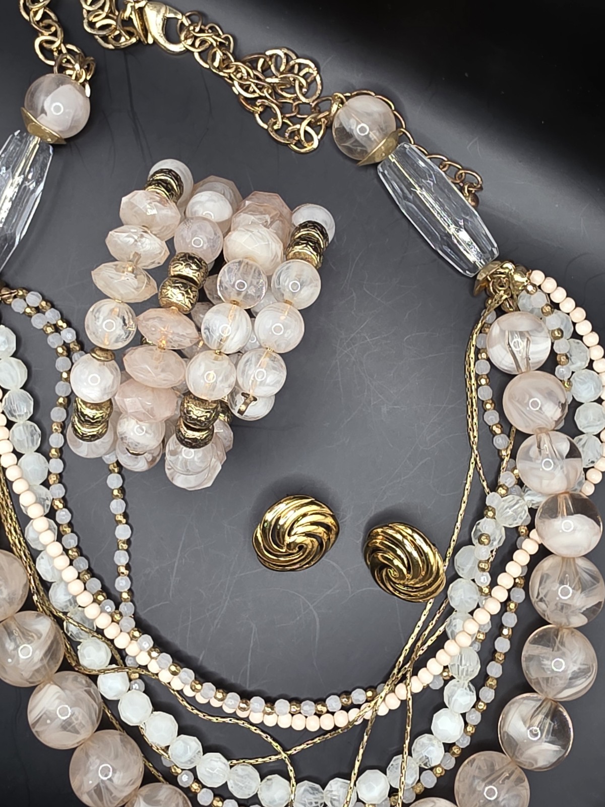 Vintage Signed Napier Gold Earrings & Chico’s Blush Beaded Necklace × Bracelet