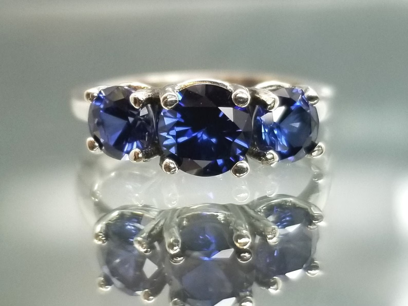 3.00 Ct Round Natural Sapphire Diamond Engagement Ring 14K White Gold Size 7
