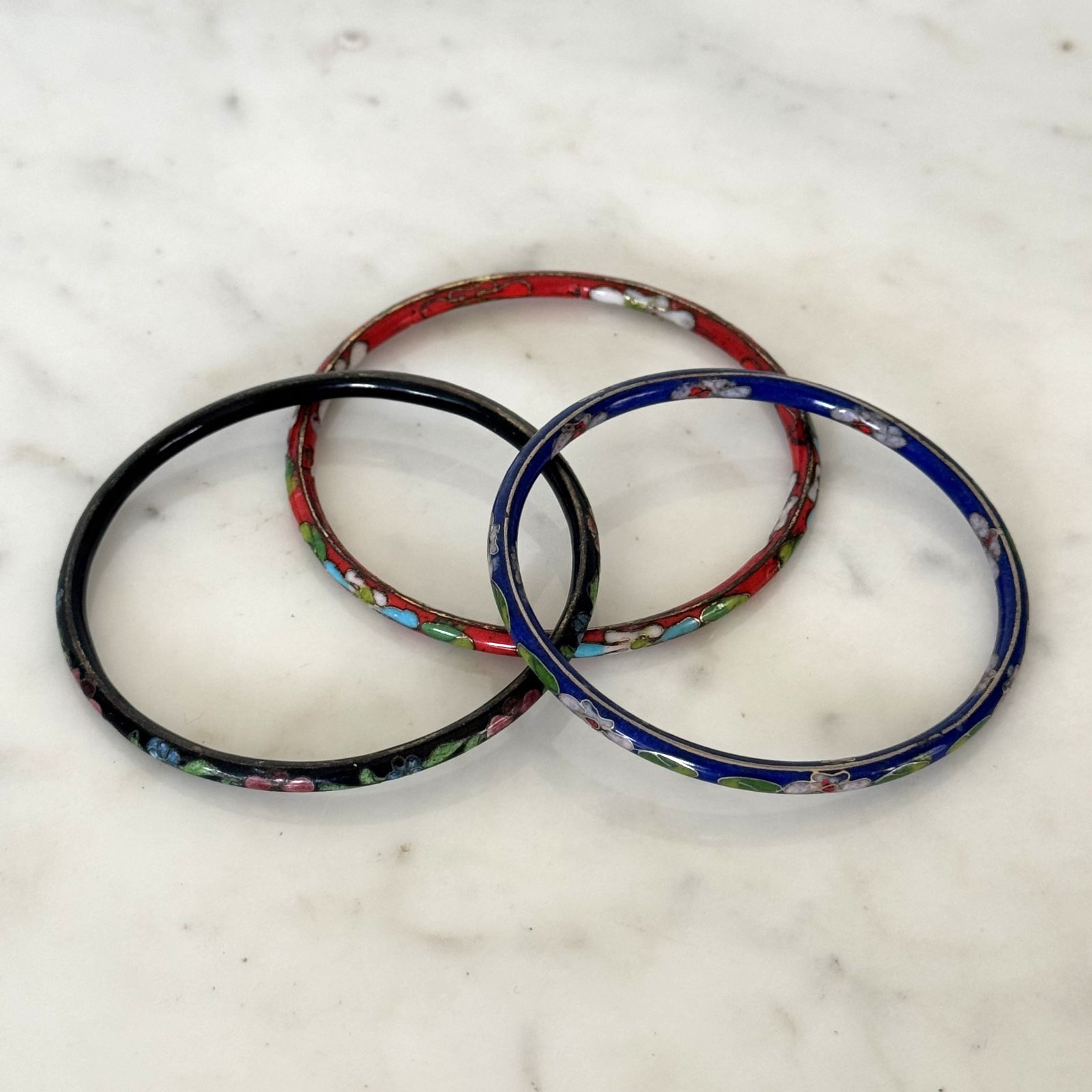 Vintage Lot of 3 Cloisonne Enamel Slender Bangle Bracelets- Black, Red, Blue