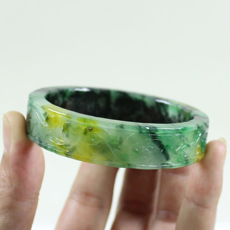 61mm Real Natural Ice Multicolor Burmese Jade jadeite Carving Bracelet Bangle