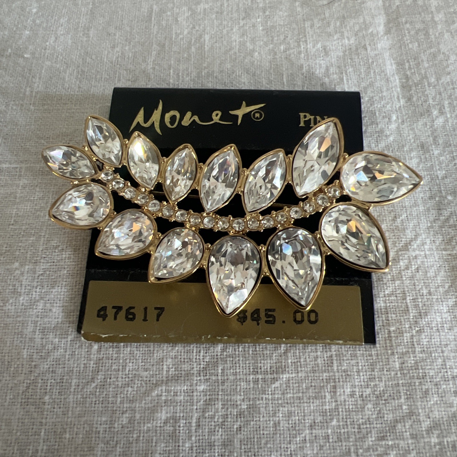 Vtg Signed Monet Gold Tone Leaf White Rhinestones Brooch Statement Pin 2 5/8 in
