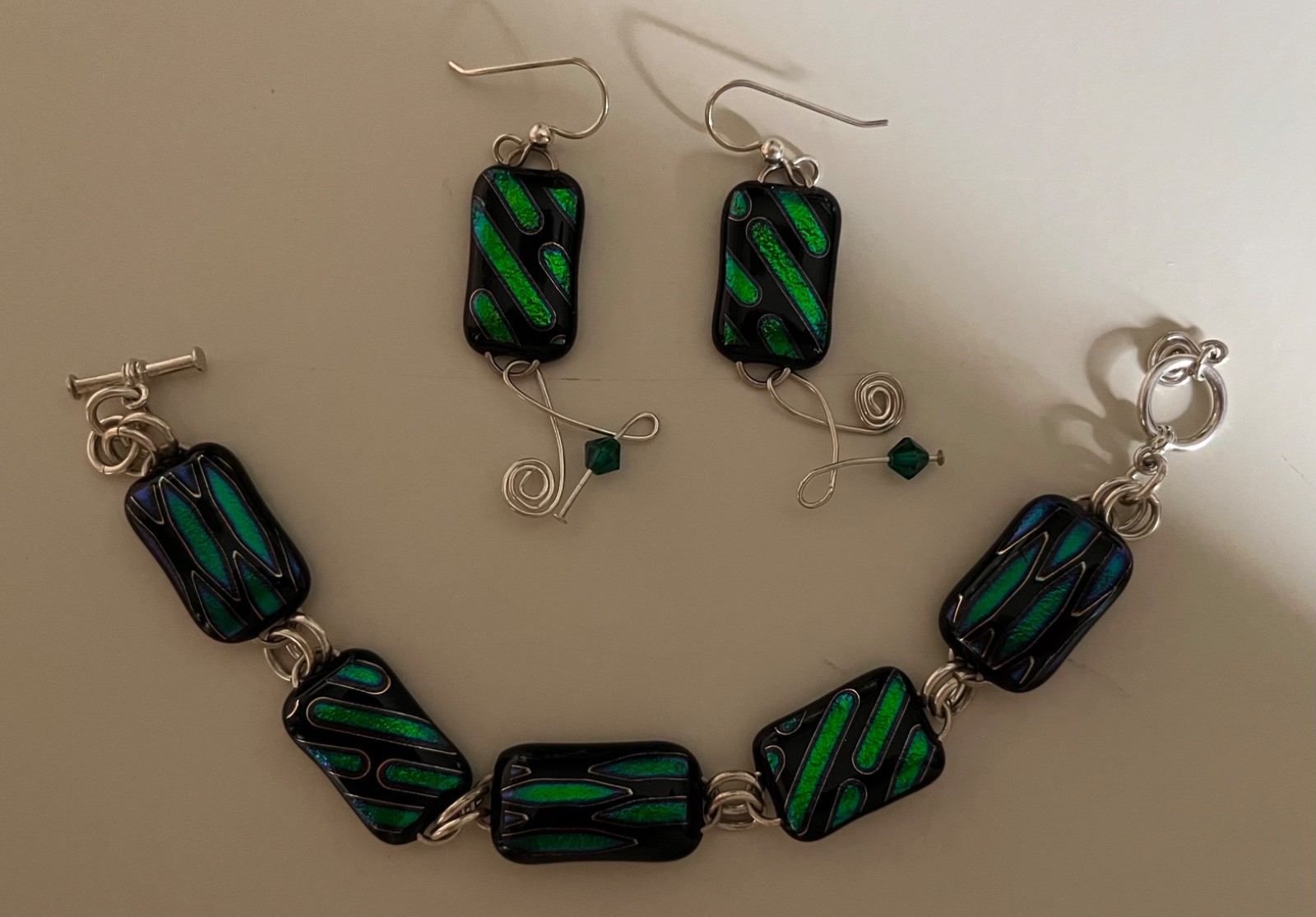 Sterling Silver Handmade GREEN/BLACK Metallic BRACELET Pierced EARRINGS Set
