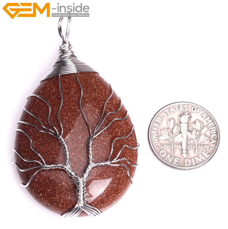 Natural Tree Life Sandstone Aventurine Jewelry TearDrop Pendant Necklace Reiki