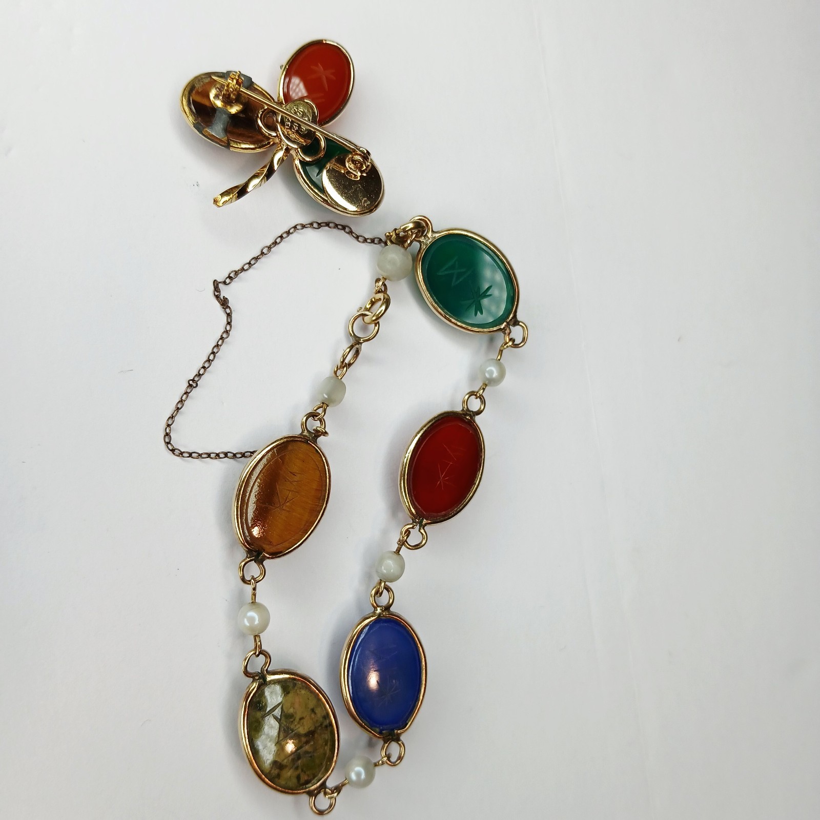 Vintage ~ Burt Cassell Egyptian Revival Gemstone Scarab Bracelet & Brooch Set 8″