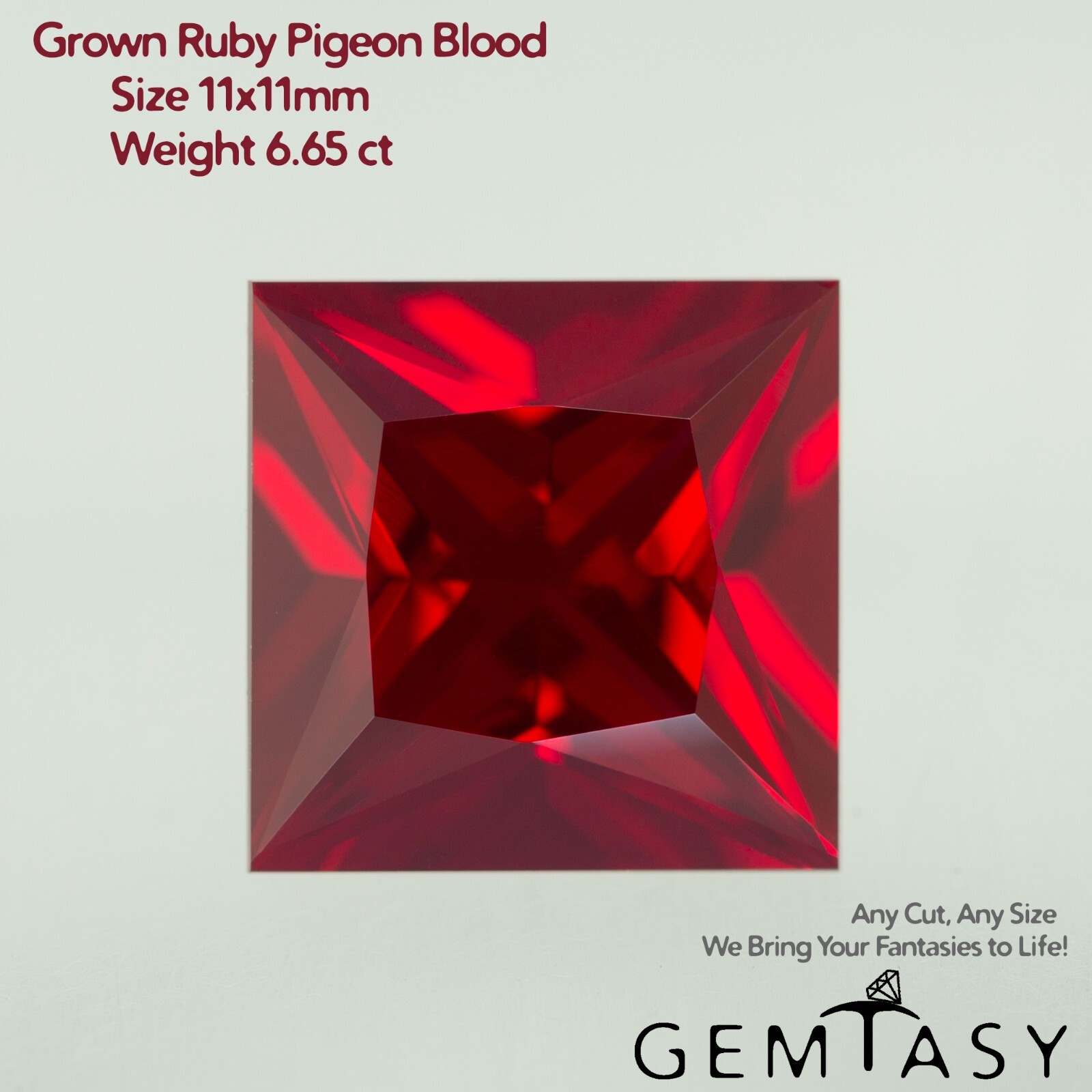 Cut stone – Ruby Pigeon blood Czochralski (Pulled) lab grown, facet 11mm 6.65ct