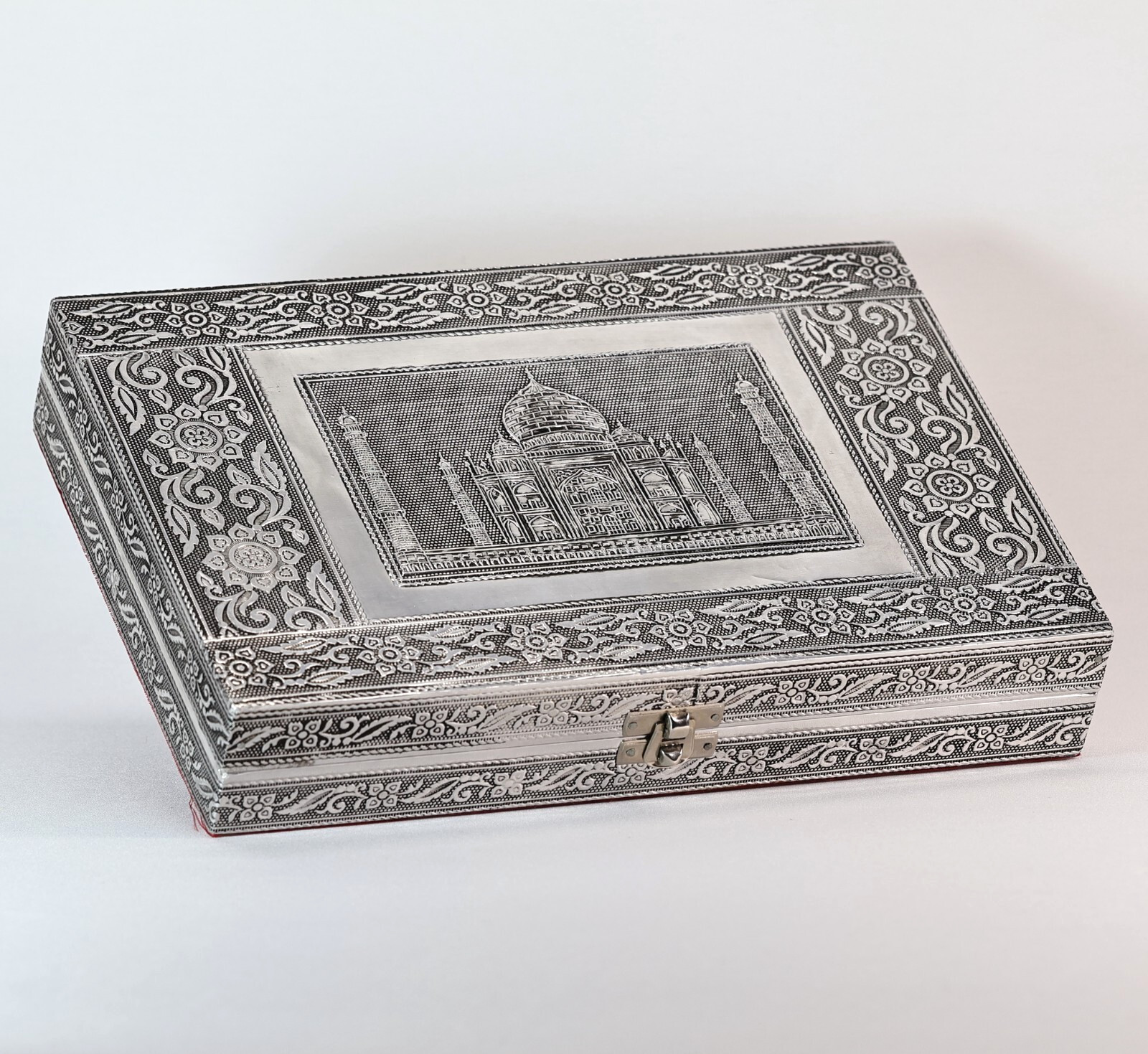 Vintage Silver Tone Taj Mahal Ring Jewelry Box Red Velvet Lined Mirror Large