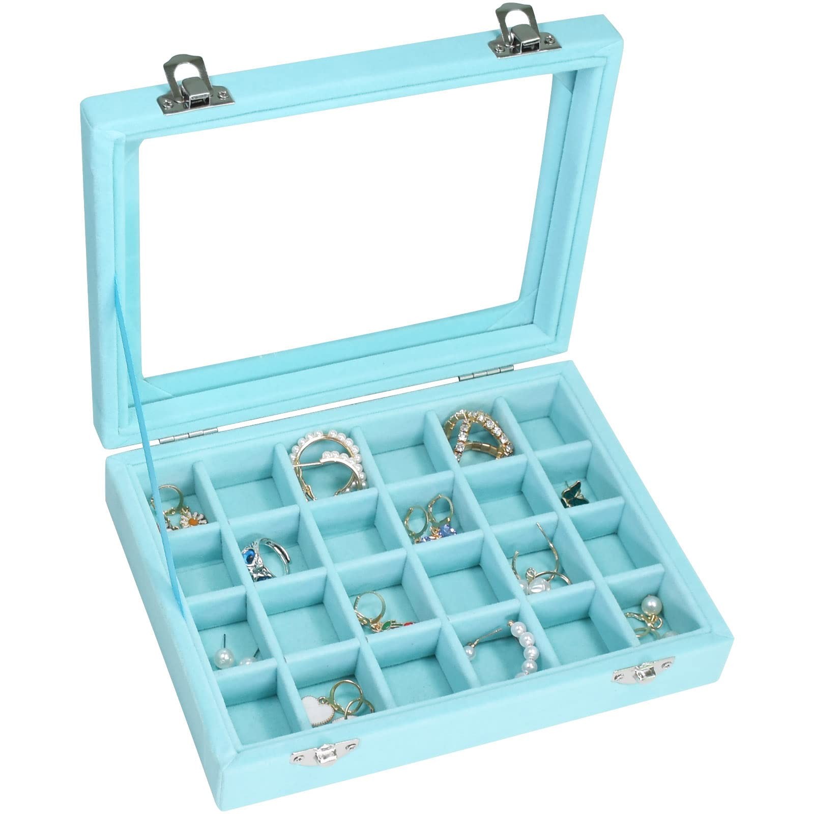 Velvet Jewelry Box 24 Grid Ring Display 24 Grid, Light Blue