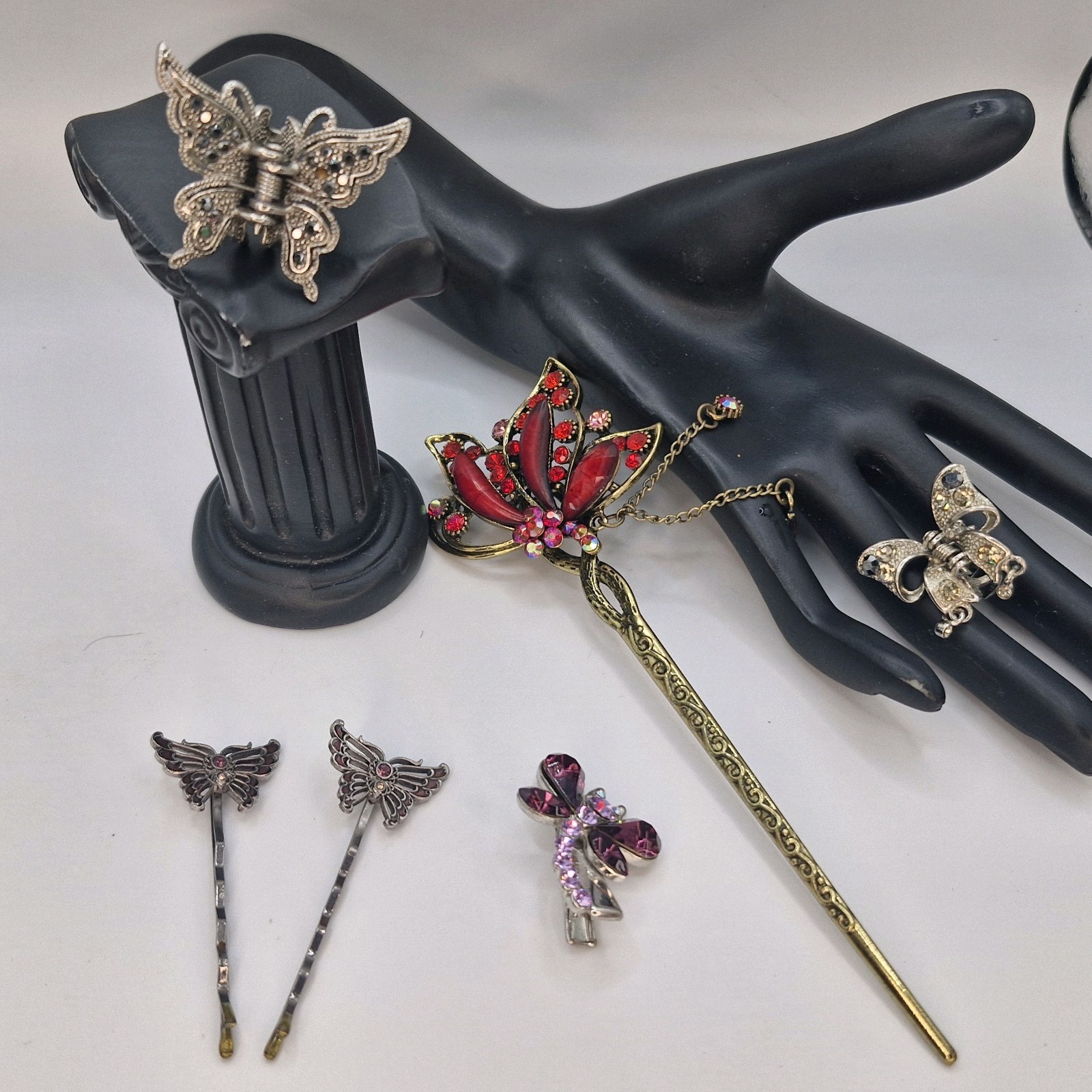 Lot 6 Hair Butterfly Jewelry Pin Clasp Clip Flower Rhinestones Silver Tone