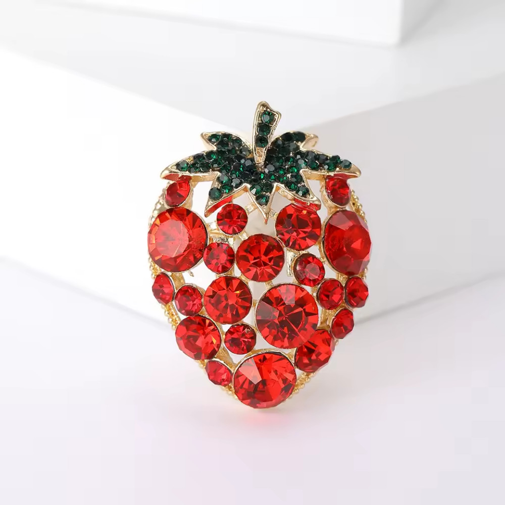 Sparkly Red Rhinestone Strawberry Brooch Flower Gold Pin Spring Summer Jewelry