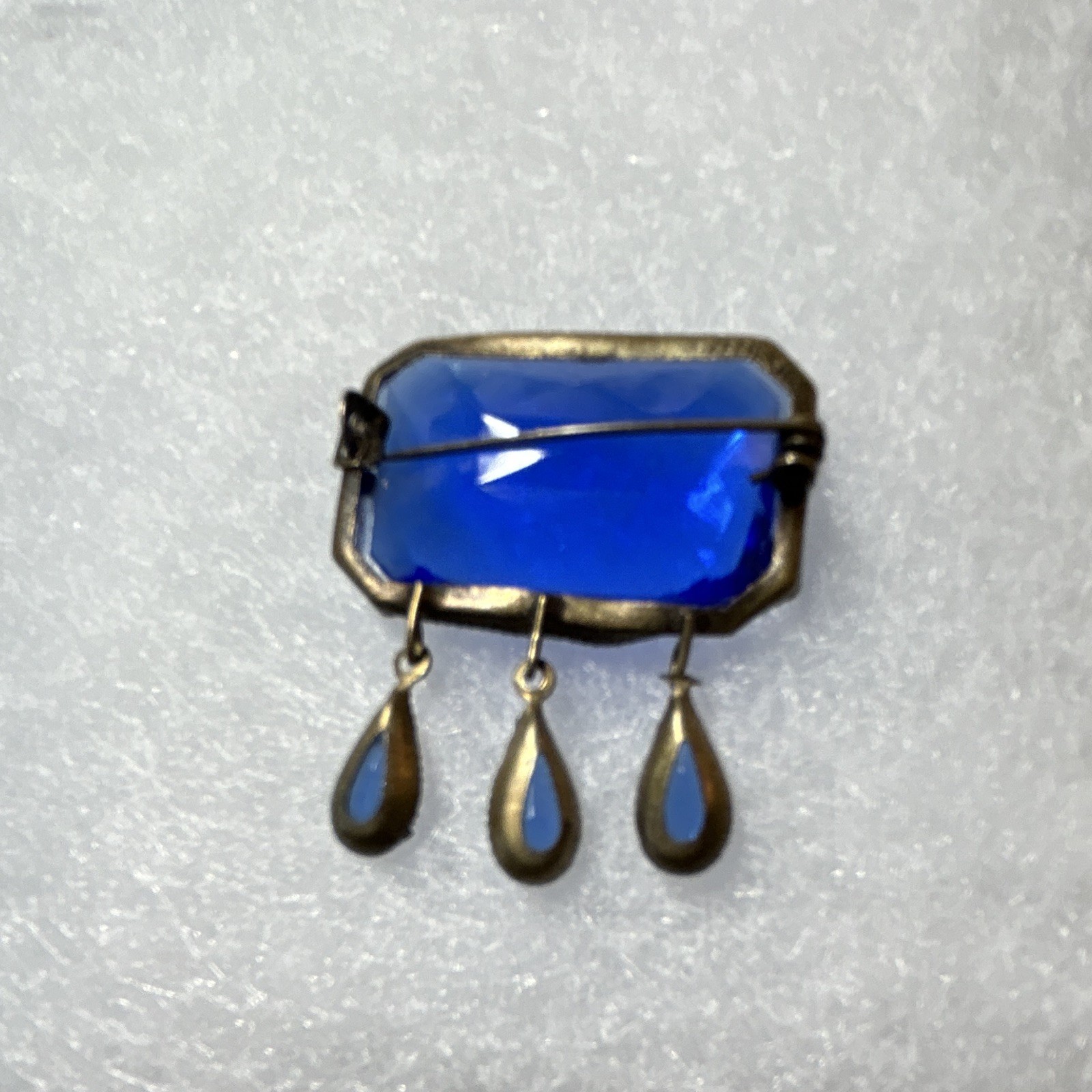 Vintage Czech Cobalt Blue Faceted Glass Dangle Brooch Pin w/ 3 Teardrop Drops