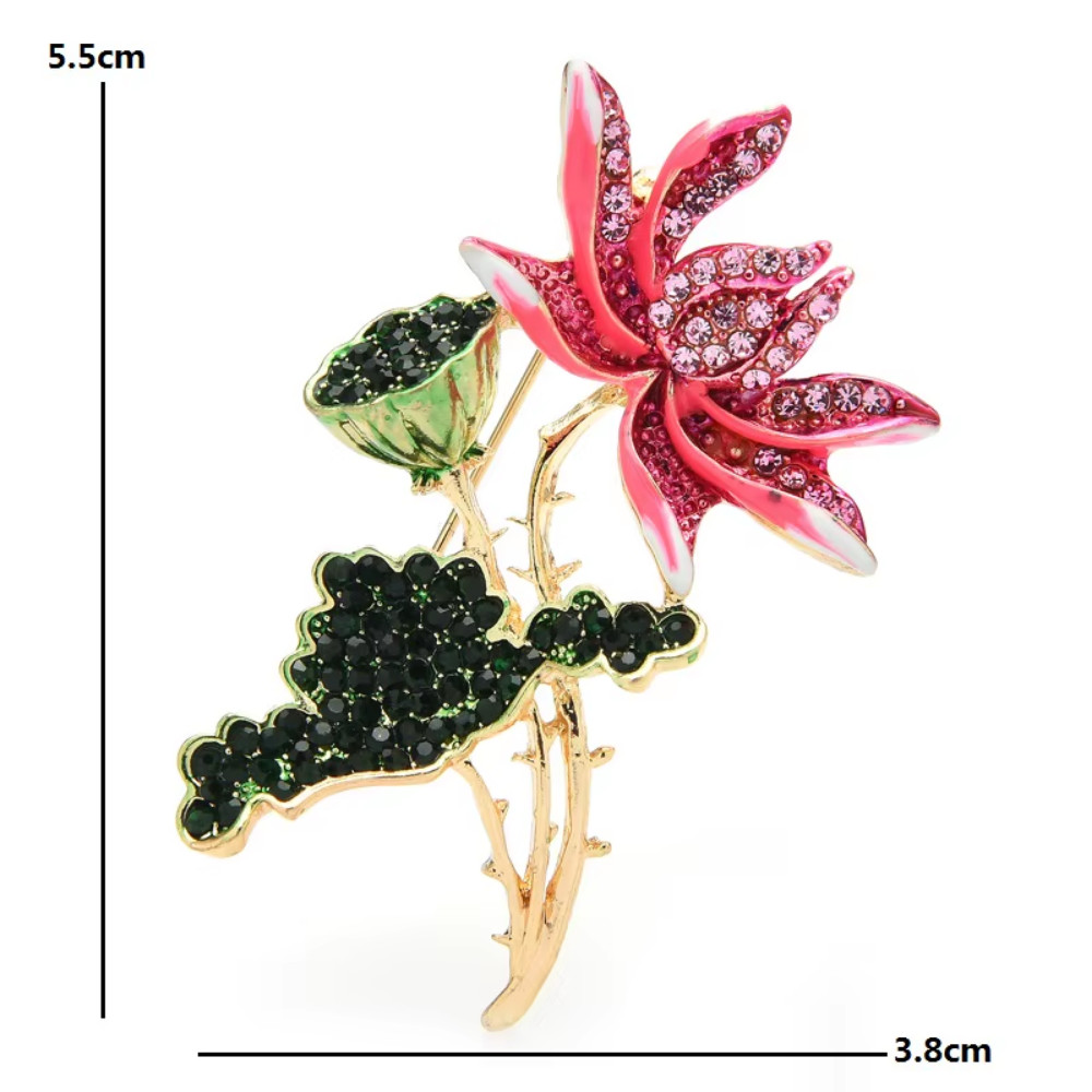 Luxury Pink Rhinestone Lotus Flower Brooch Gold Pin Spring Summer Jewelry Gift