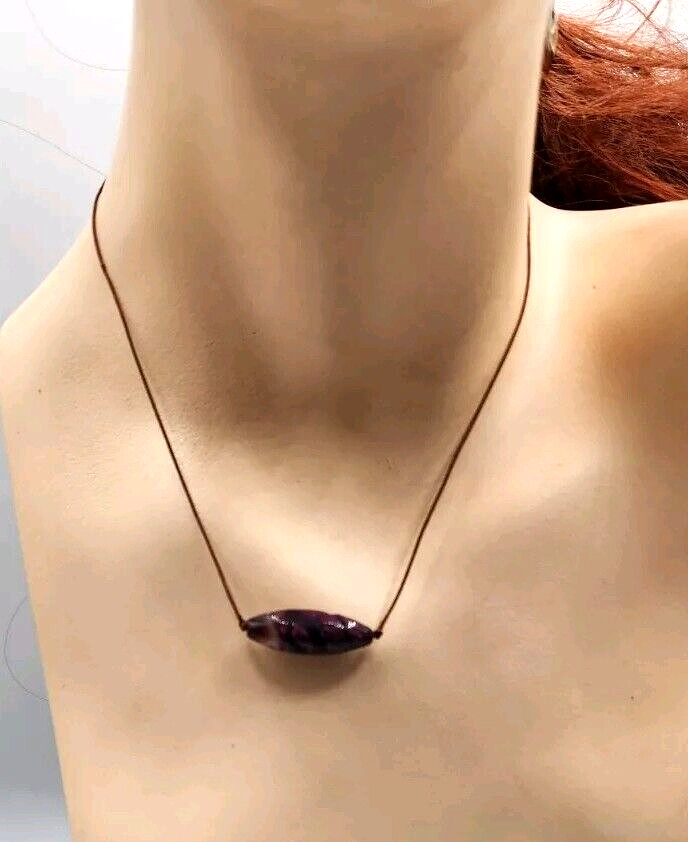 Purple Stone Baguette Pendant Necklace Leather Cord Boho Beachy Artisan Handmade