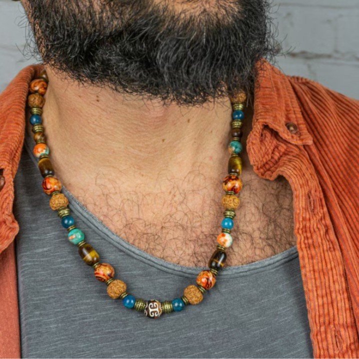 Mens Tigers Eye Multi Stone Walnut Bead Necklace Boho Statement Necklace Choker