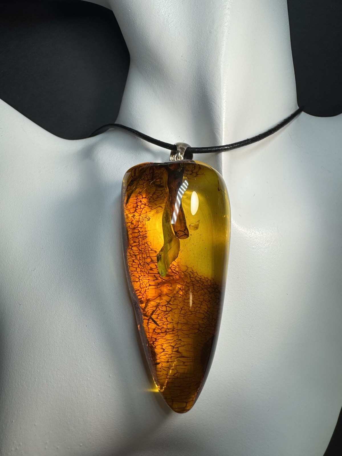 Natural Baltic amber pendant with plant inclusions, Sterling Silver Bail- 38.3g