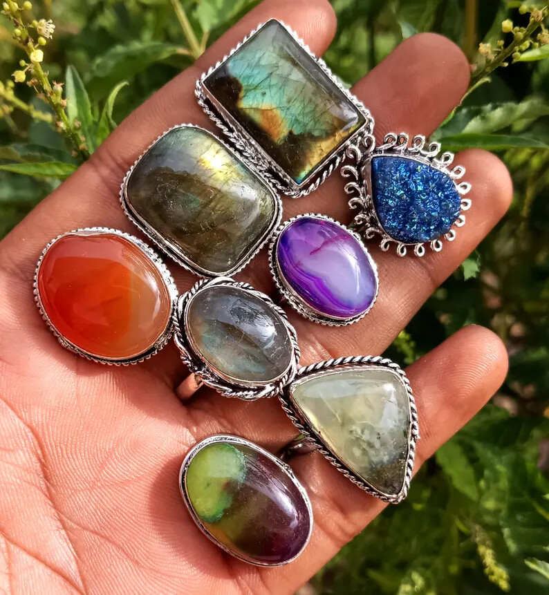 Trendy Titanium Druzy & Mix 925 Sterling Silver Plated Gemstone Handmade Rings~
