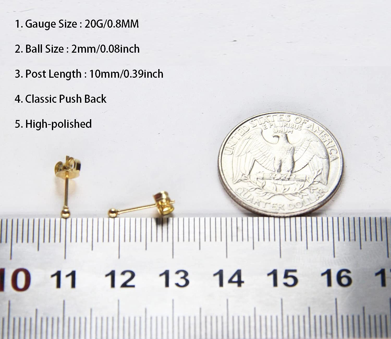 12Pcs 2MM Tiny Ball Stud Earrings, 20G Hypoallergenic Surgical Steel Small Gold