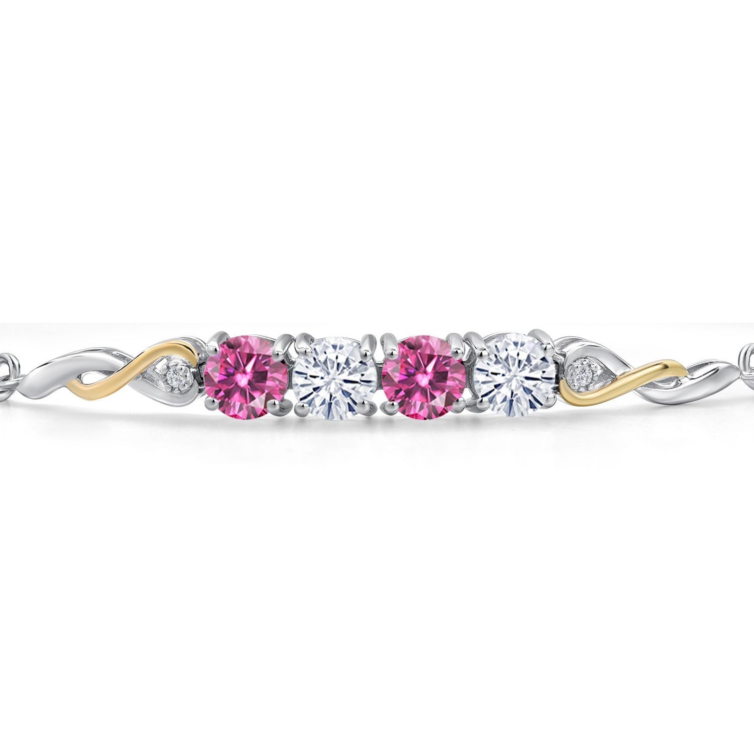 925 Silver and 10K Yellow Gold Pink Moissanite and White Moissanite and White