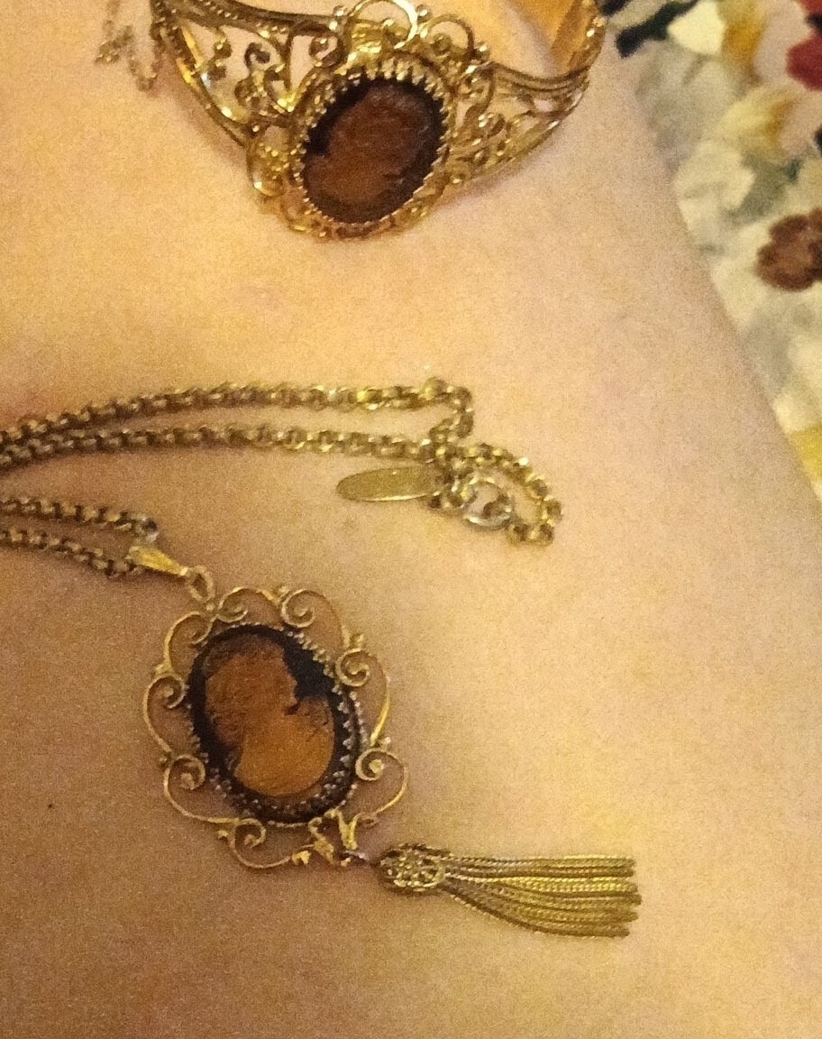 Gold Tone Oval Cameo Tassel Pendant Necklace, Bezel Set, Bracelet.