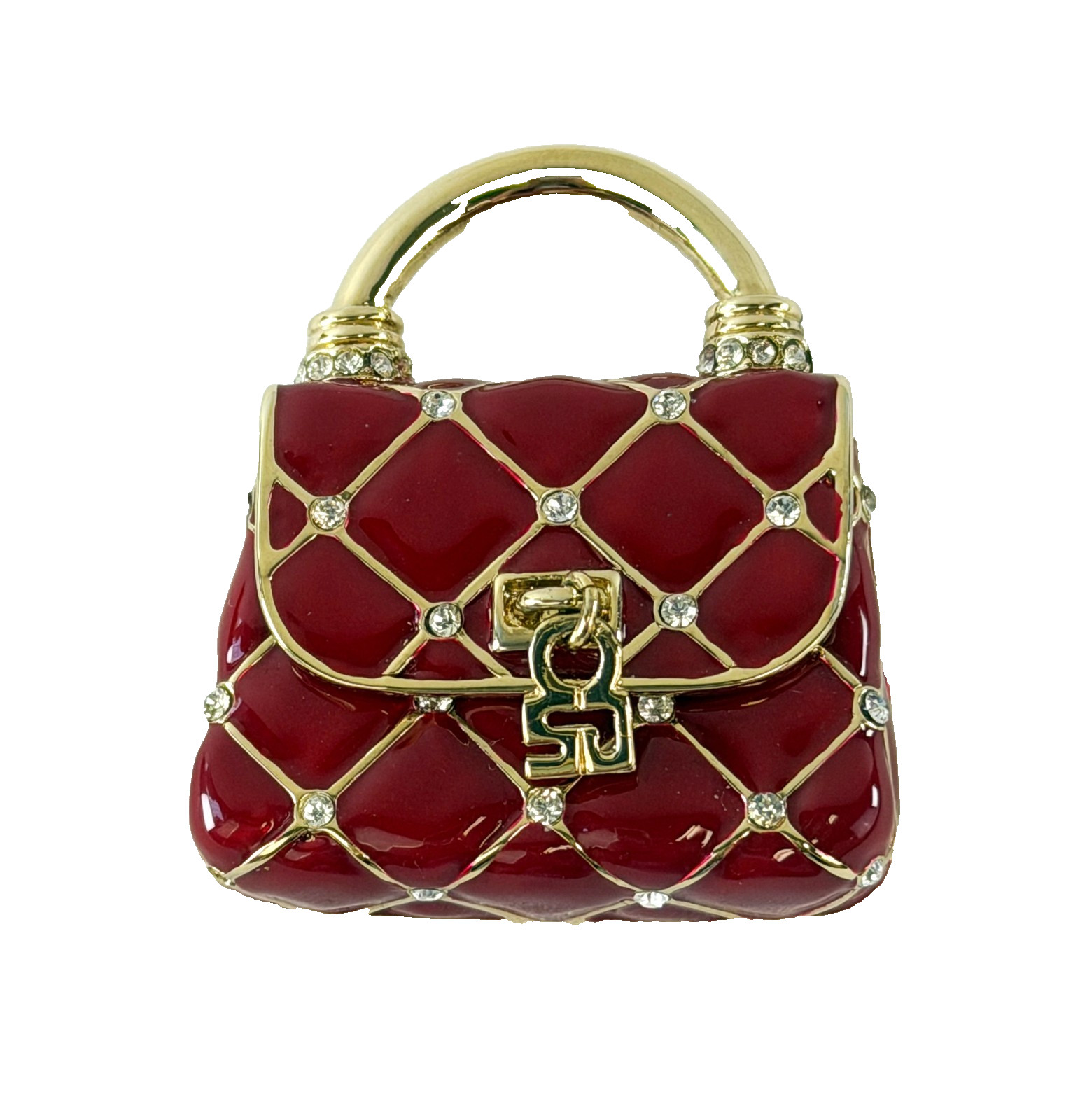 NEW ST. JOHN Handbag Brooch Purse Pin Red Enamel Crystals 24KGP Logo Enhancer