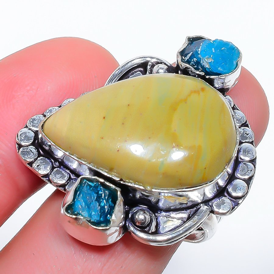 Natural Polychrome Jasper & Kyanite Rough 925 Silver Plated Ring s.8.5 F2666