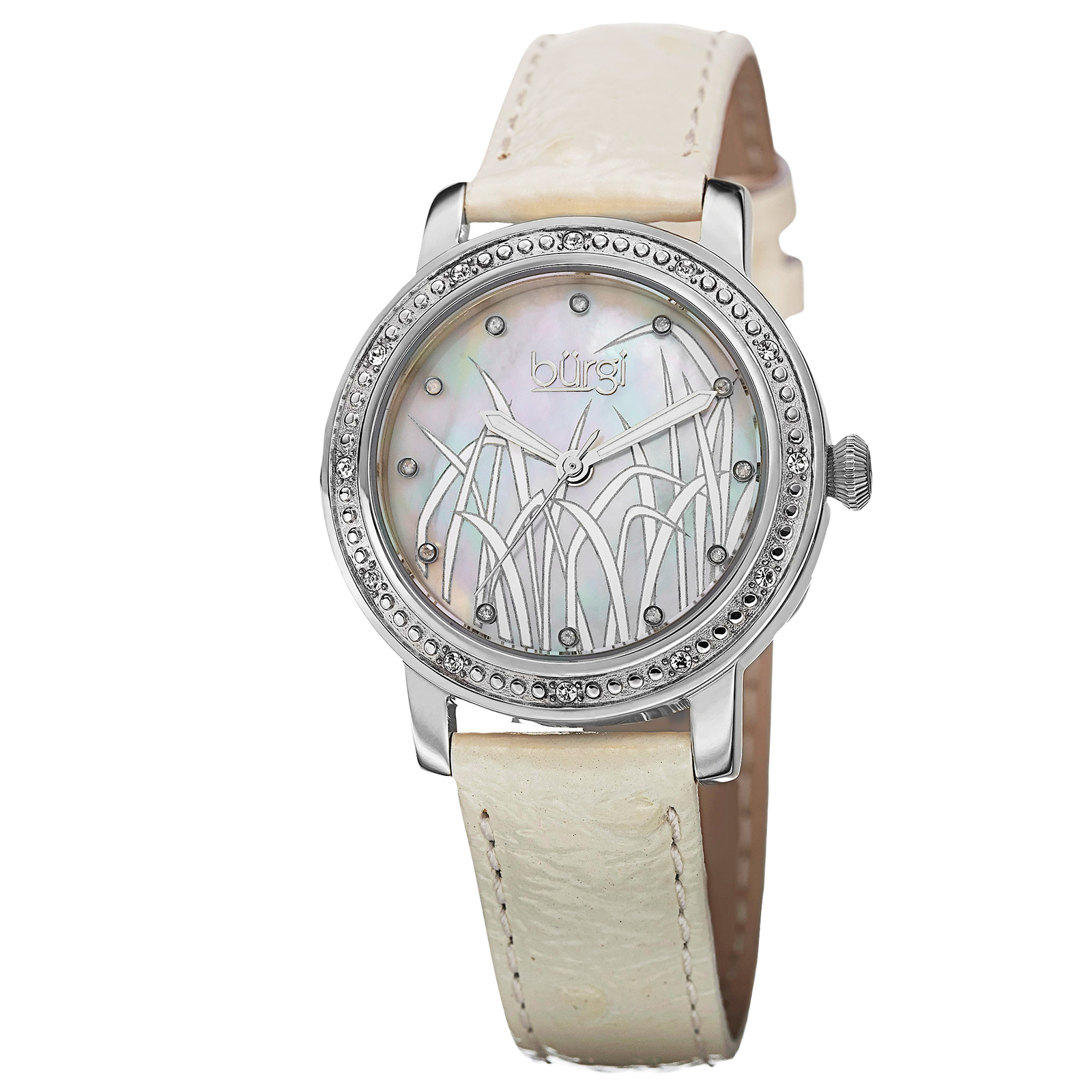 New Women’s Burgi BUR096SSW Pattern MOP Diamond Dial White Leather Strap Watch