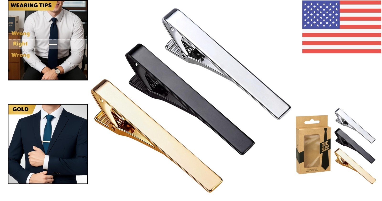 3-Piece Elegant Tie Clips Set in Gold, Silver & Black – Perfect for Weddings