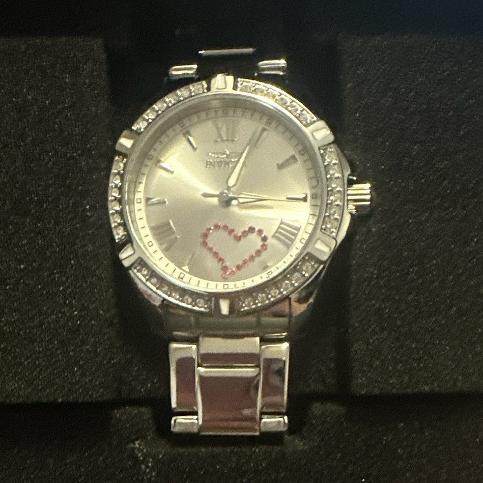 Invicta Women’s Quartz Analog Watch Silver SS Bracelet Heart Dial Gem-Set