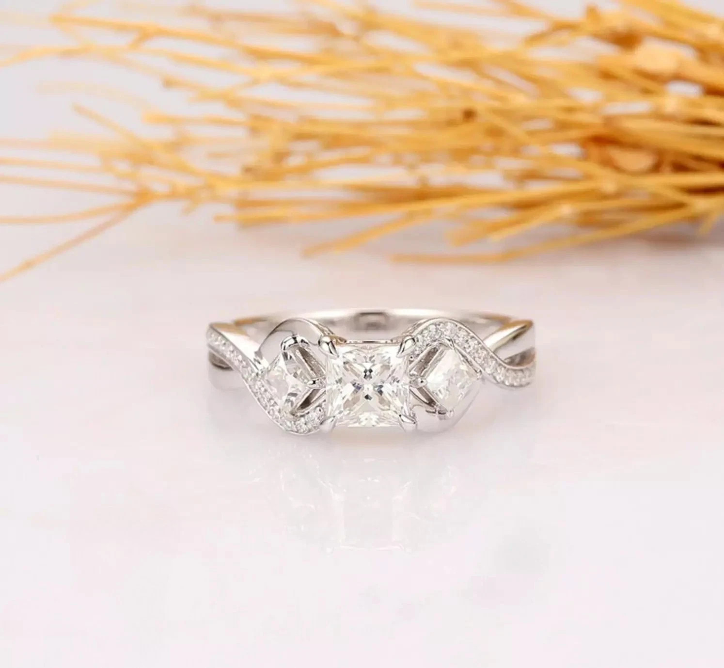 2 CT Princess Cut Moissanite Twisted Engagement Ring Solid 14K White Gold
