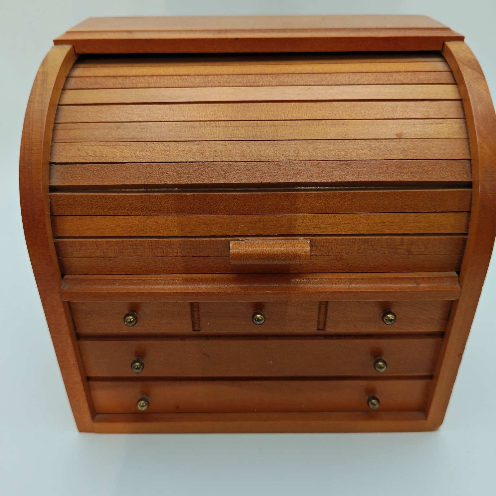 Vintage Wooden Roll Top Jewelry Box Mini Desk Organizer Drawers Made in Taiwan
