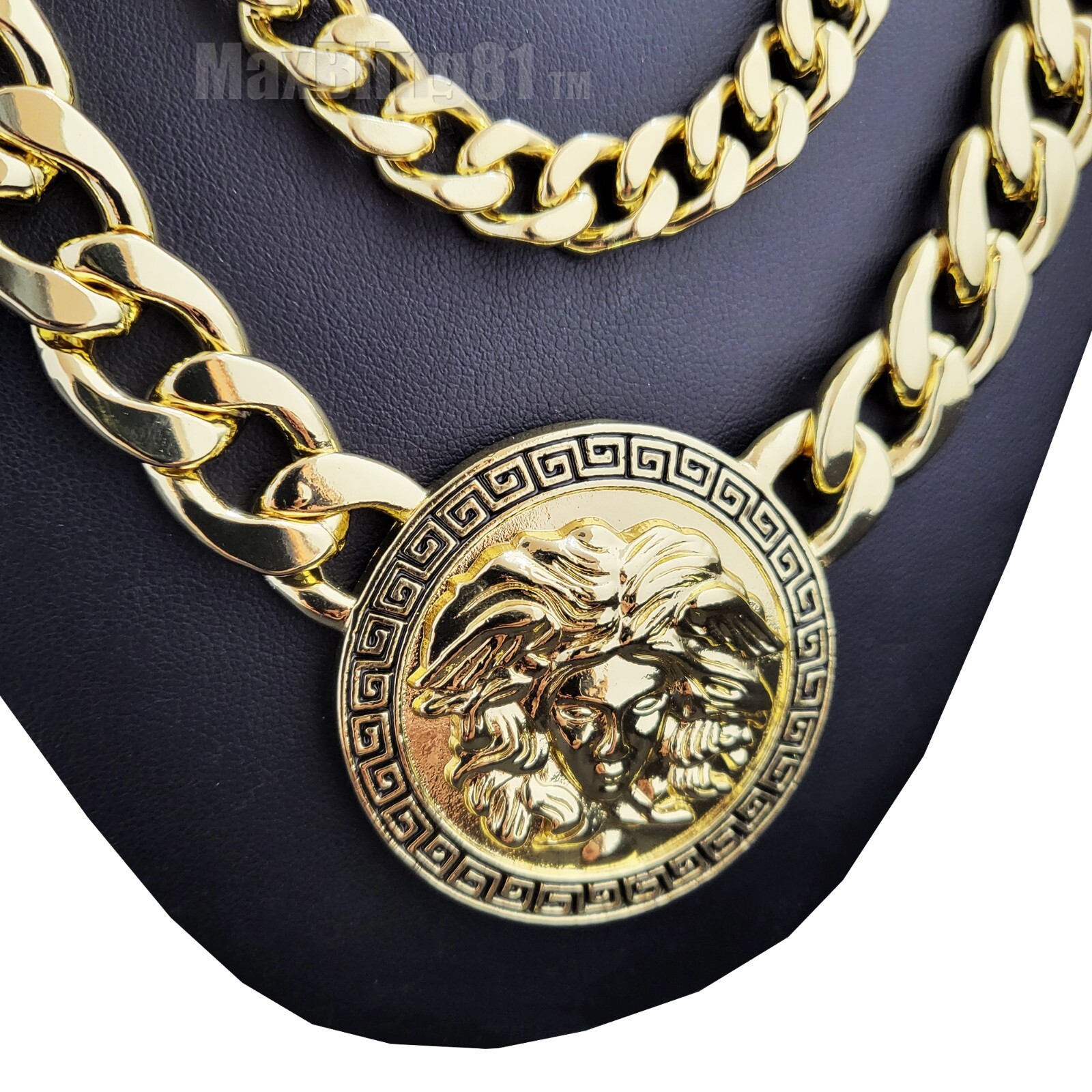 Gold Plated Medusa Head 3 Medallion Cuban Link Chain Necklace & 10mm 30″ Chain