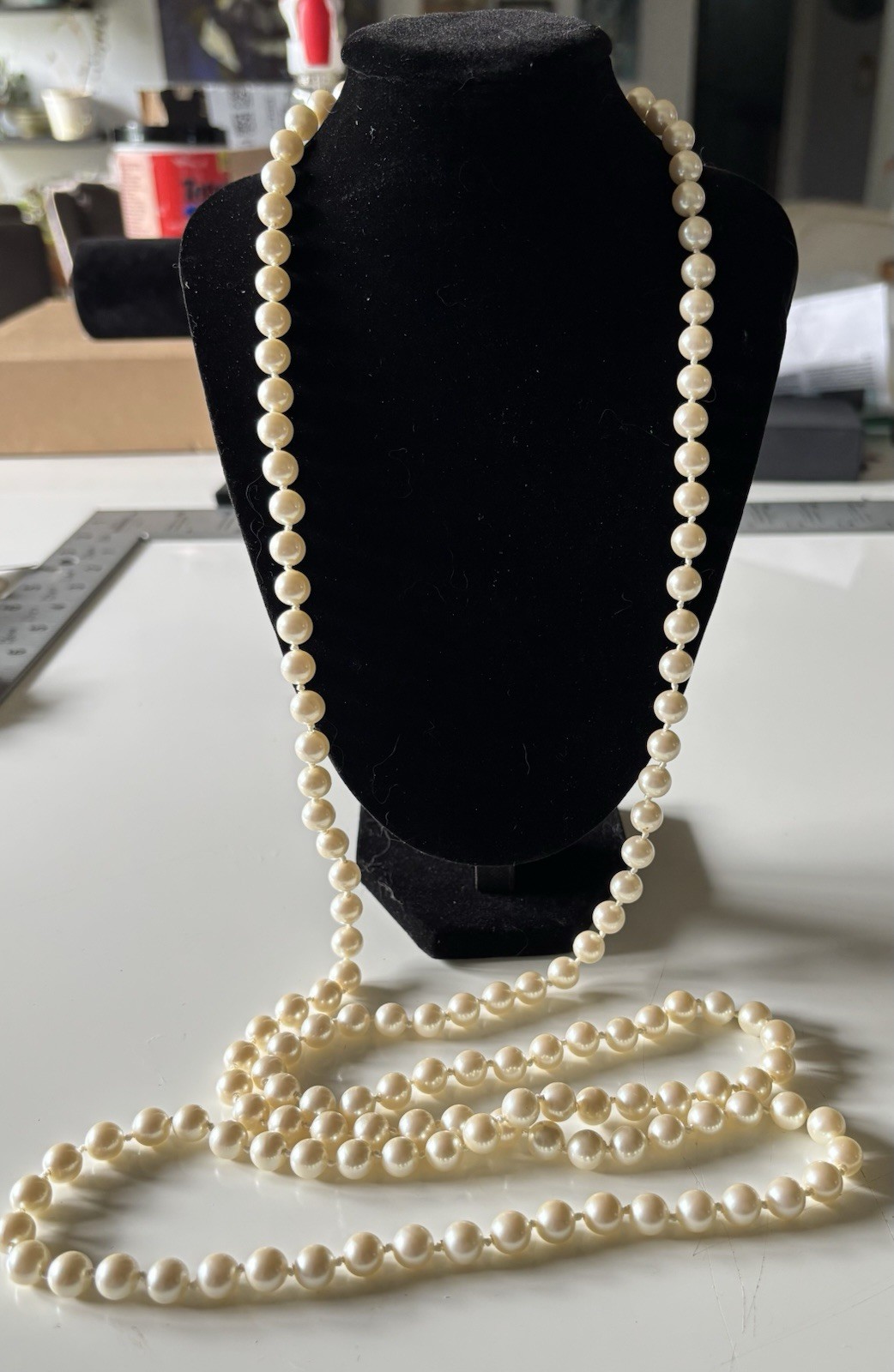 Vintage Monet 52” Faux Pearl Necklace Extra Long Cream Pearls Gold Tone Clasp
